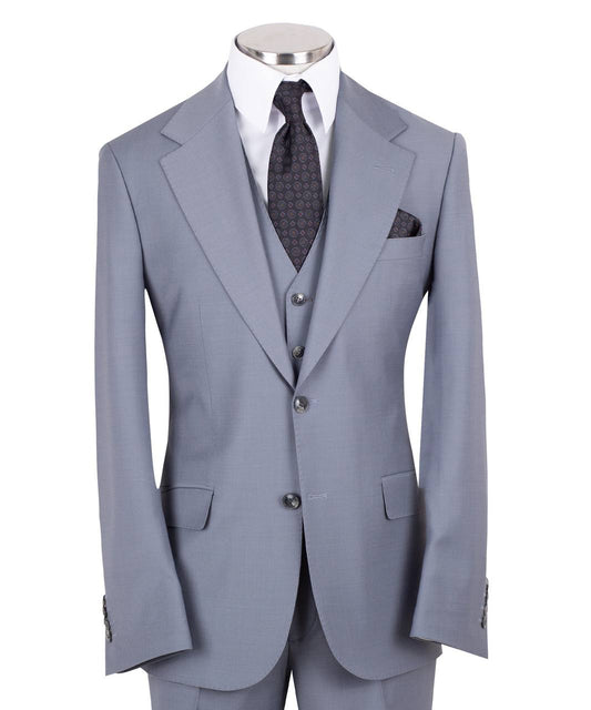 Men's light grey three-piece suit from Black Tuxedo Style, featuring a tailored jacket, vest, and trousers, perfect for weddings, engagements, and business formal events.