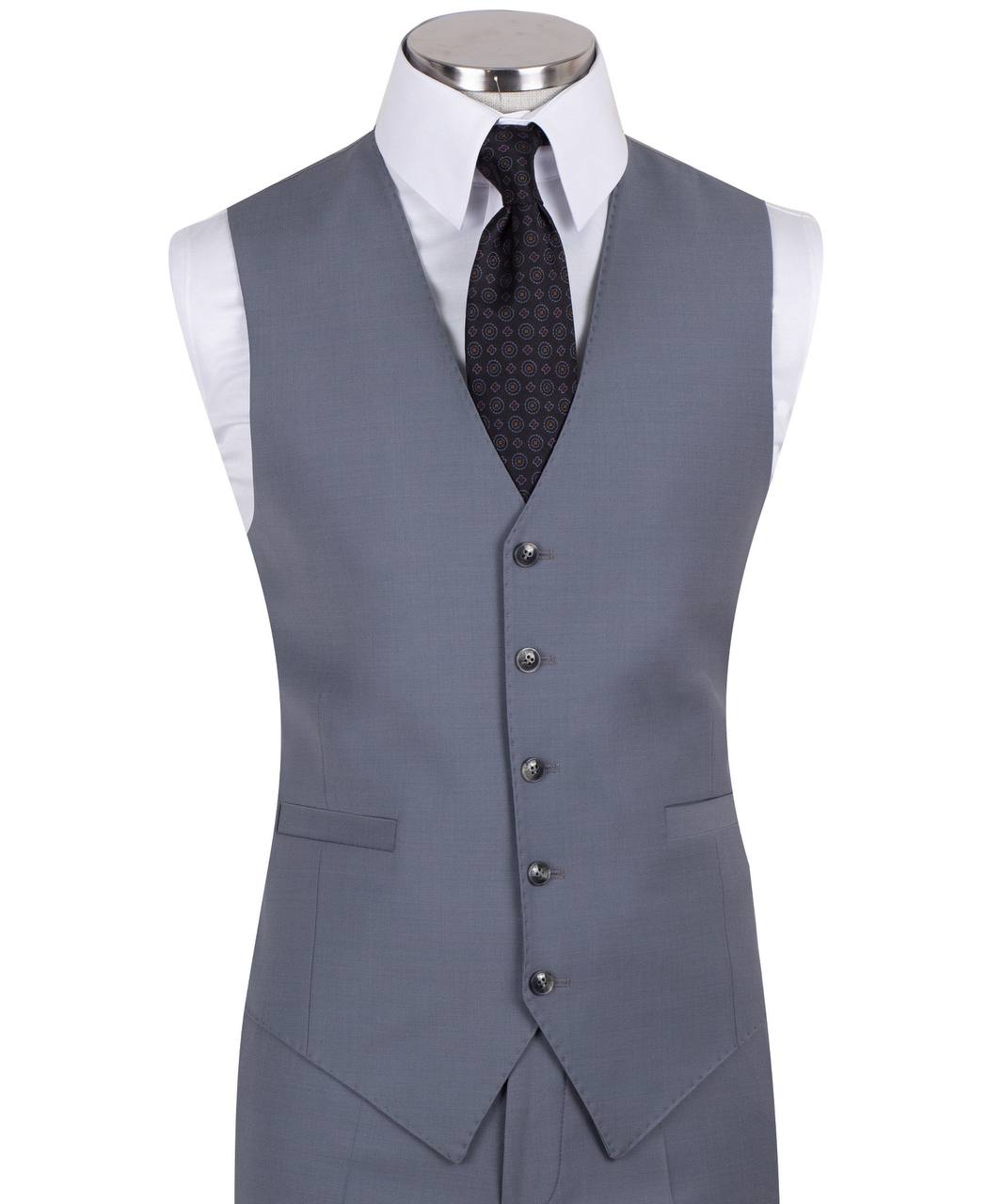 Men's light grey three-piece suit from Black Tuxedo Style, featuring a tailored jacket, vest, and trousers, perfect for weddings, engagements, and business formal events.