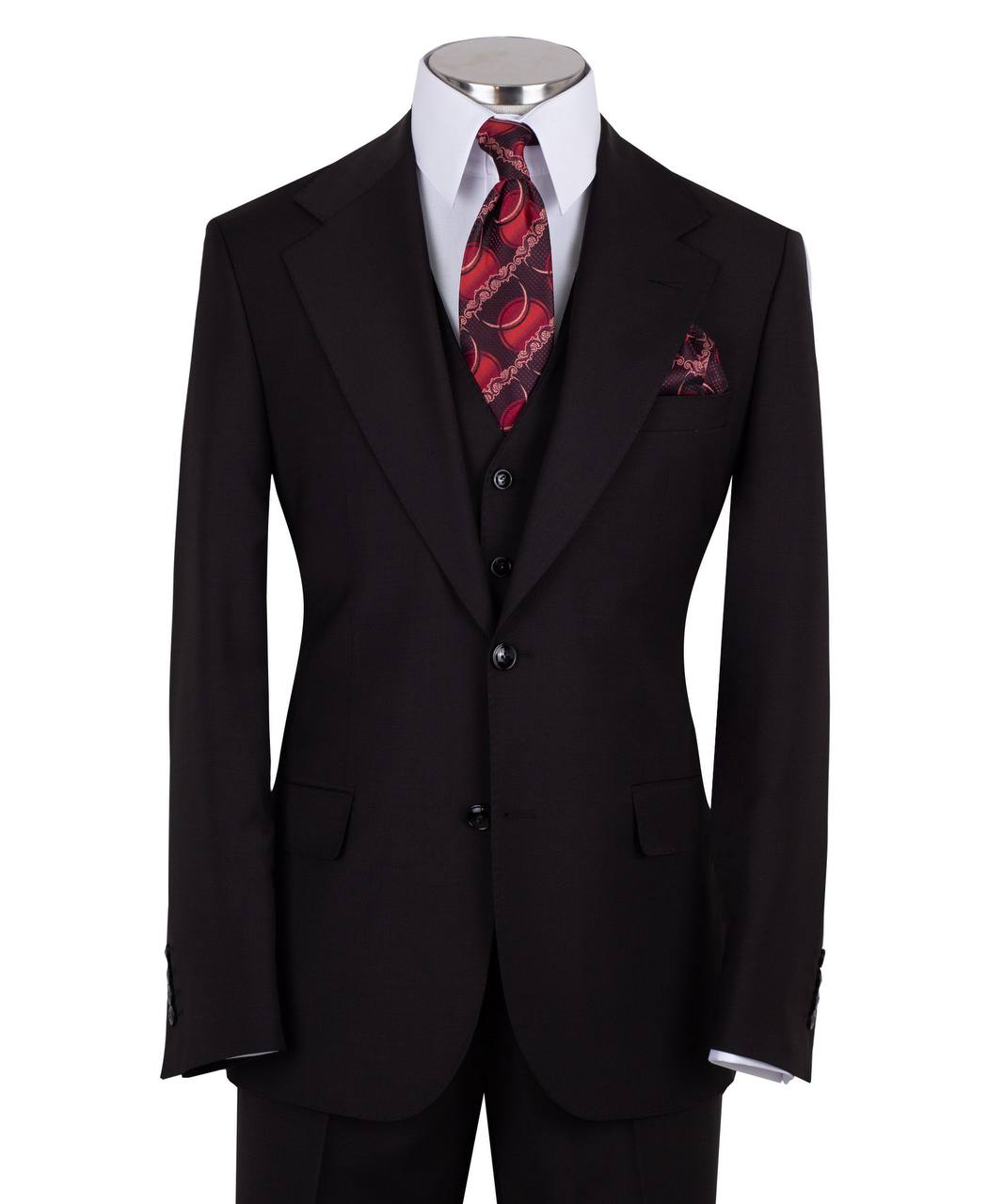 Black three-piece suit for men with jacket, vest, and trousers