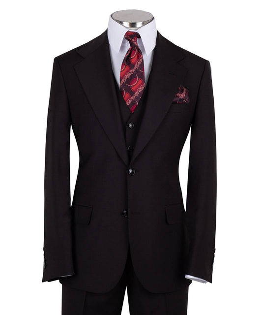 Black three-piece suit for men with jacket, vest, and trousers