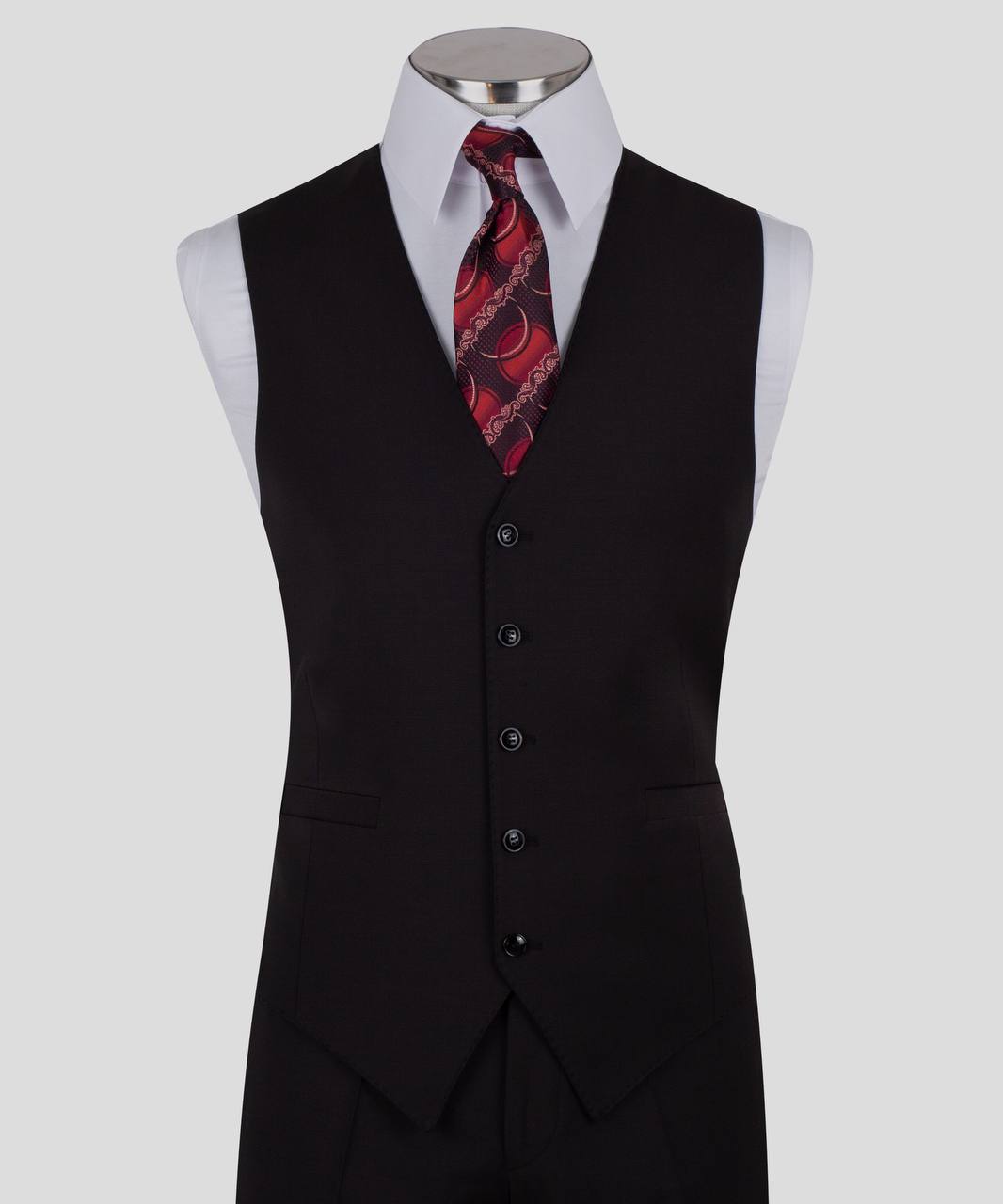 Black three-piece suit for men with jacket, vest, and trousers