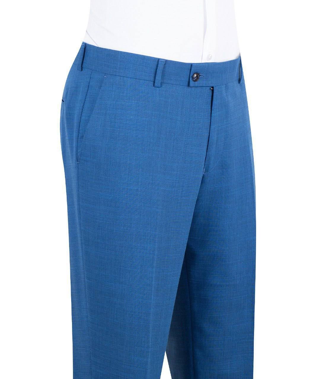 Bright blue three-piece suit for men with jacket, vest, and trousers