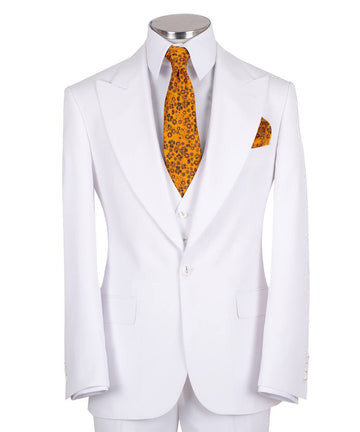 White wool blend three-piece suit for men with jacket, vest, and trousers
