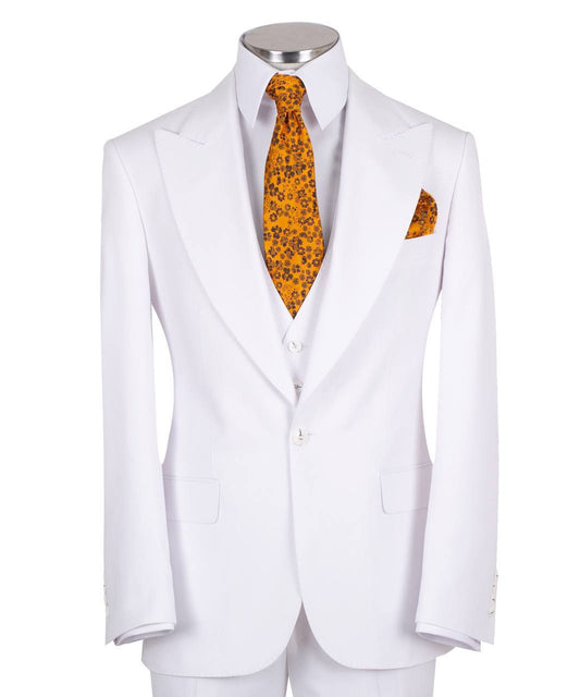 White wool blend three-piece suit for men with jacket, vest, and trousers