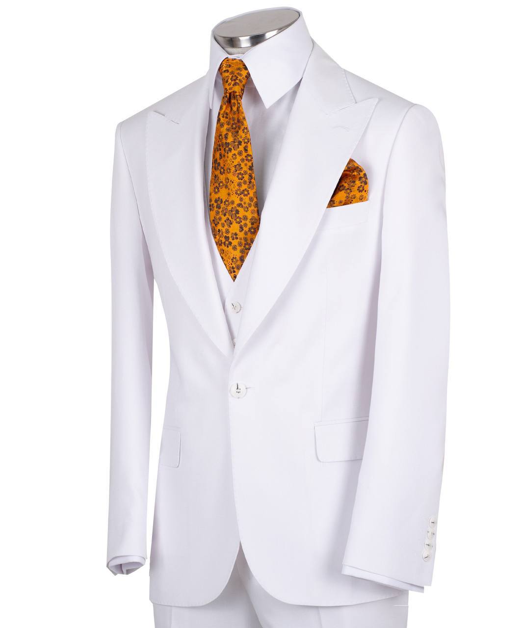 White wool blend three-piece suit for men with jacket, vest, and trousers