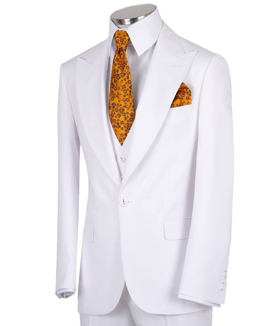 White wool blend three-piece suit for men with jacket, vest, and trousers