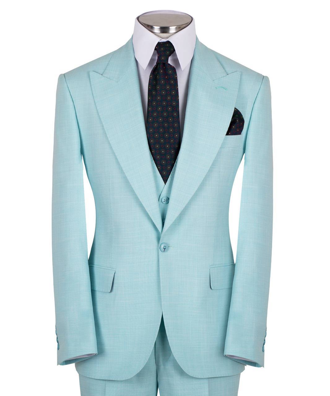 Mint green wool blend three-piece suit for men with jacket, vest, and trousers