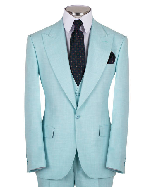 Mint green wool blend three-piece suit for men with jacket, vest, and trousers