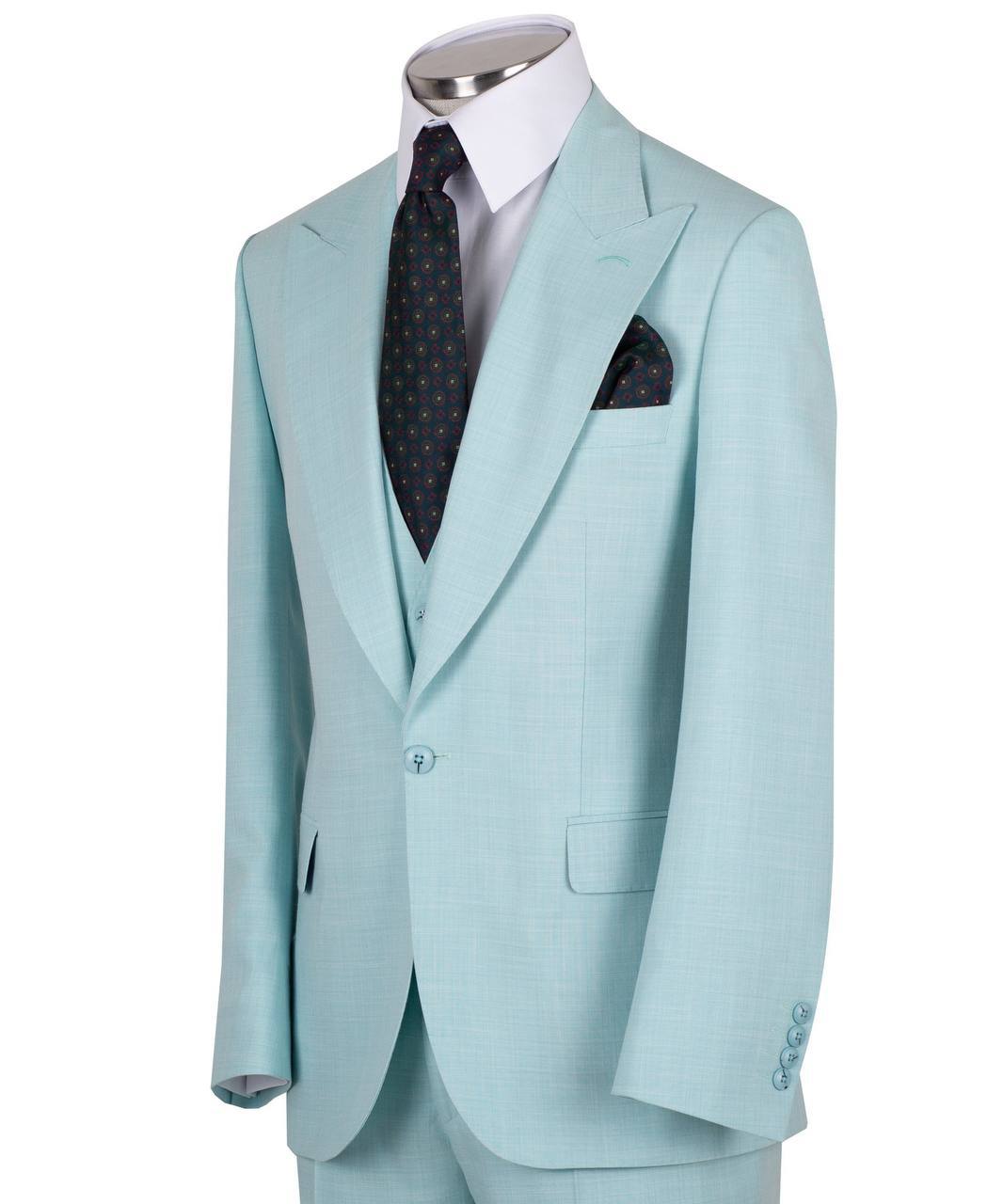 Mint green wool blend three-piece suit for men with jacket, vest, and trousers