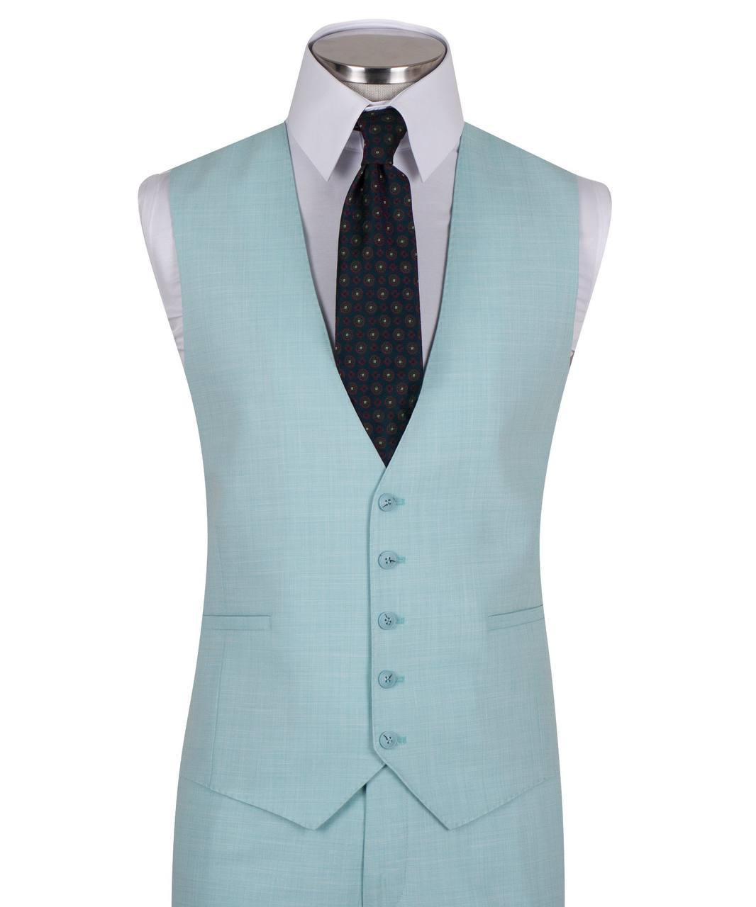 Mint green wool blend three-piece suit for men with jacket, vest, and trousers