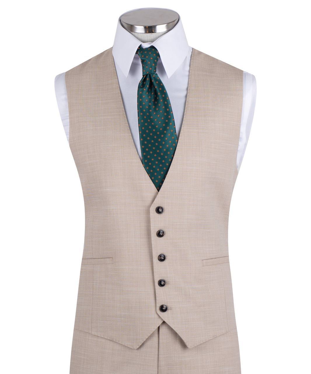 Sand wool blend three-piece suit for men with jacket, vest, and trousers
