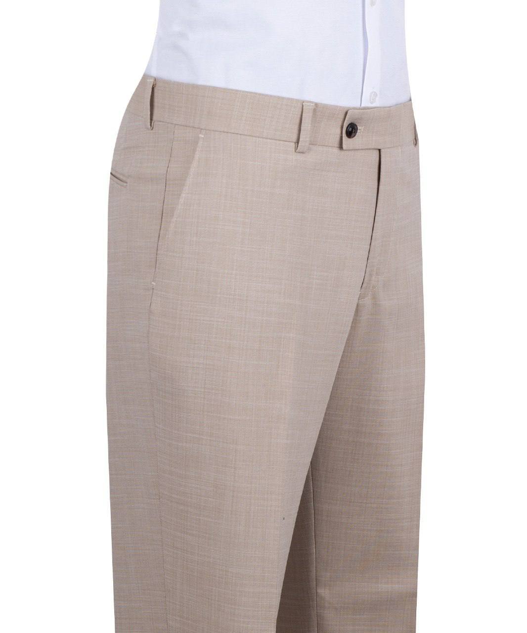 Sand wool blend three-piece suit for men with jacket, vest, and trousers