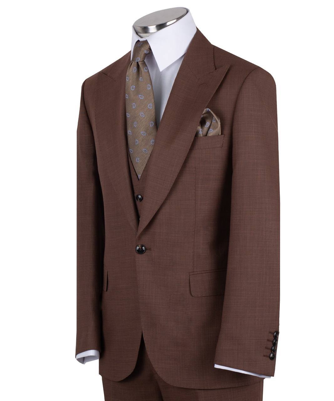 Chocolate brown wool blend three-piece suit for men with jacket, vest, and trousers