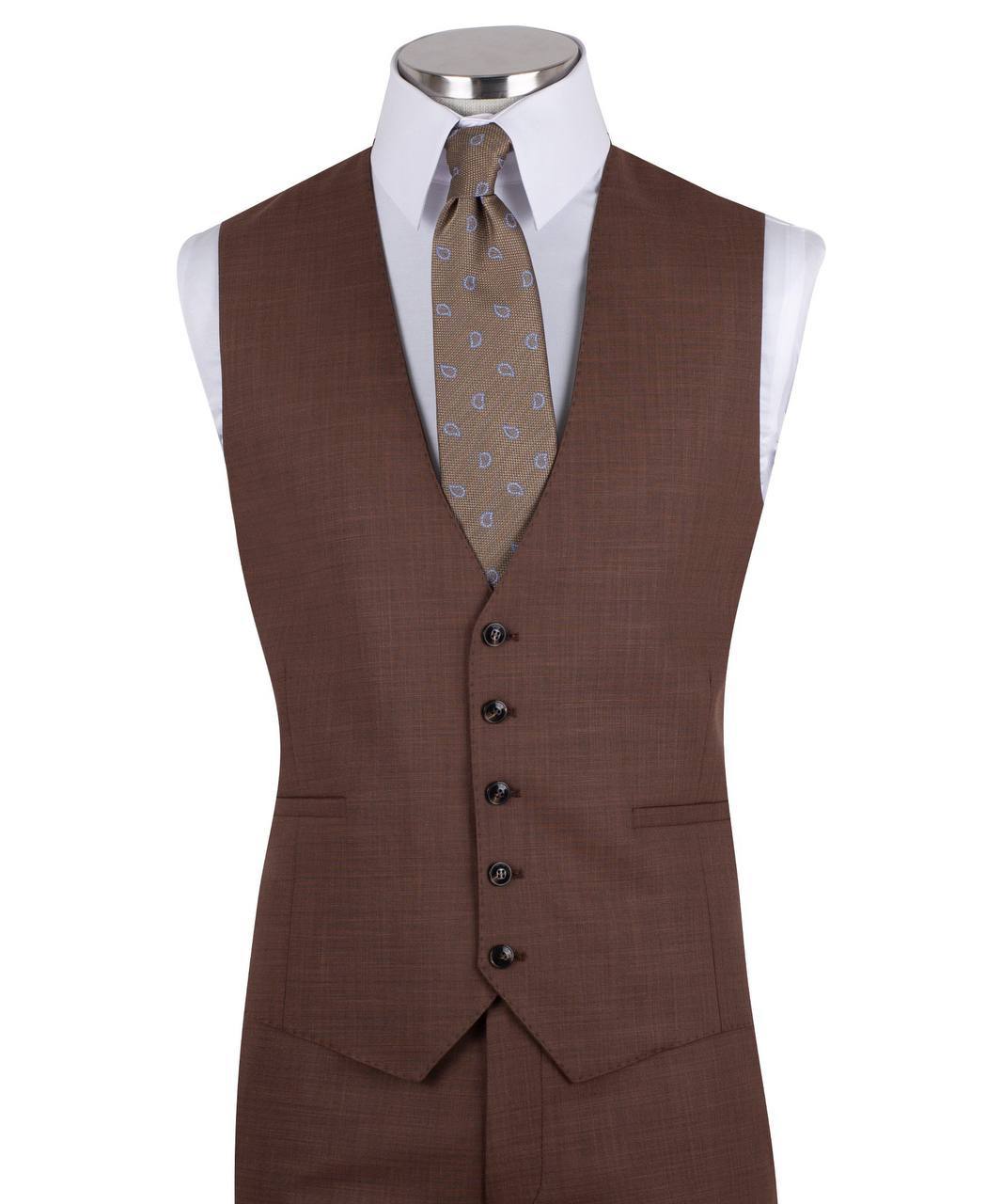 Chocolate brown wool blend three-piece suit for men with jacket, vest, and trousers
