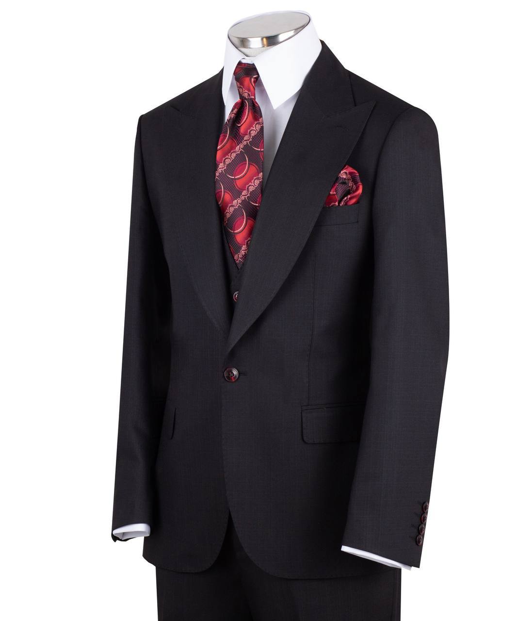 Black wool blend three-piece suit for men with jacket, vest, and trousers