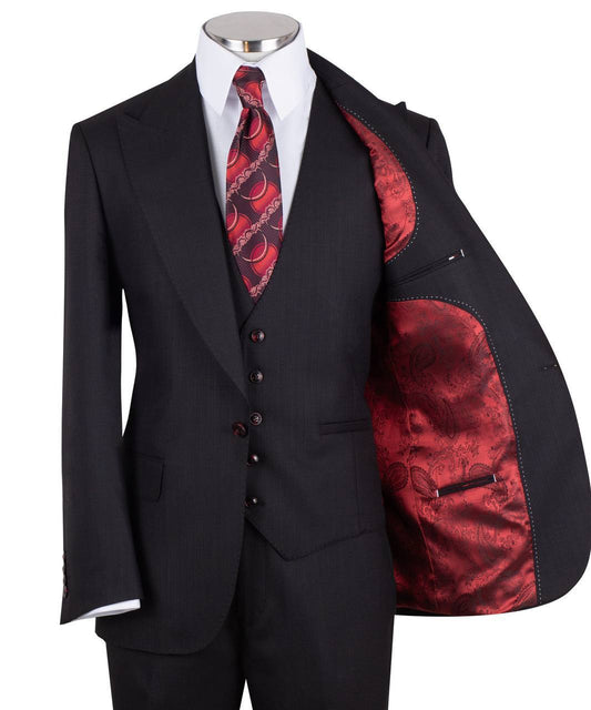 Black wool blend three-piece suit for men with jacket, vest, and trousers