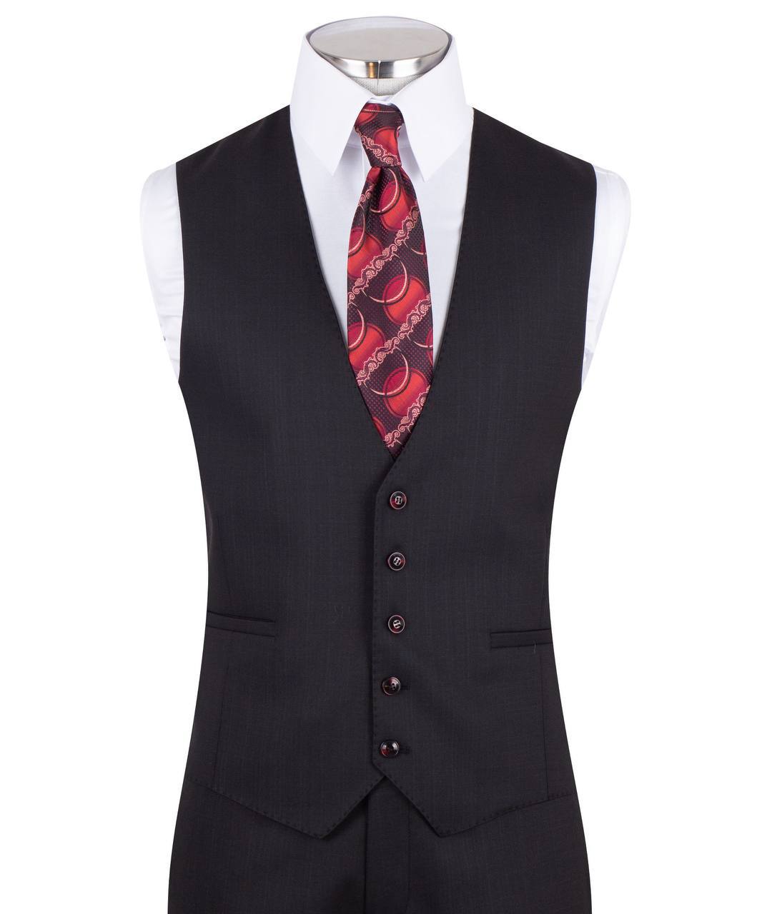 Black wool blend three-piece suit for men with jacket, vest, and trousers