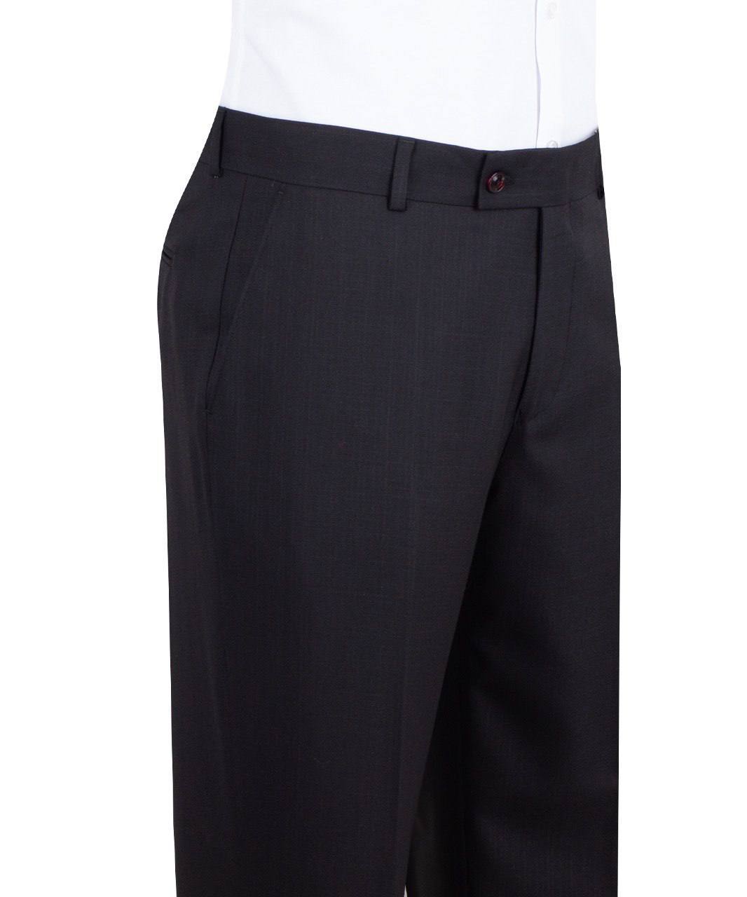 Black wool blend three-piece suit for men with jacket, vest, and trousers