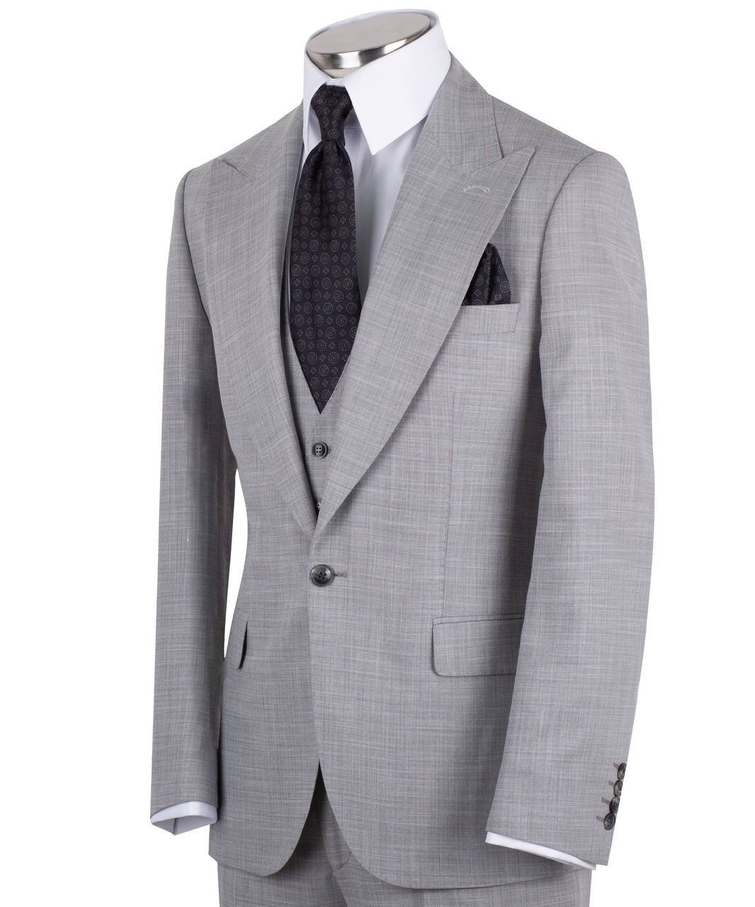 Light grey wool blend three-piece suit for men with jacket, vest, and trousers