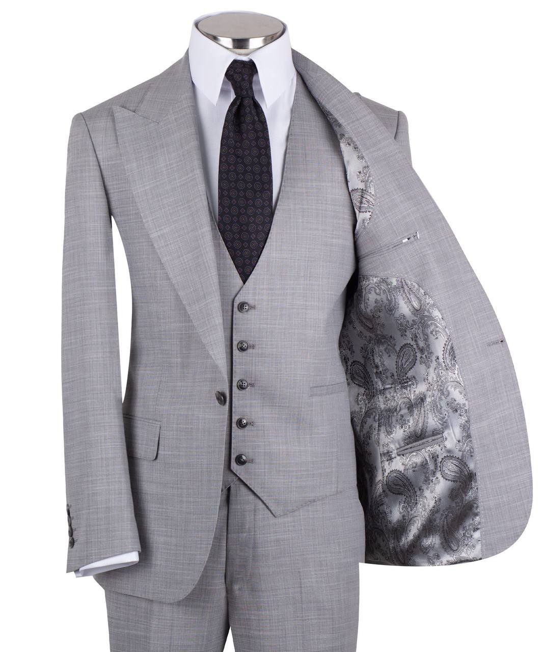 Light grey wool blend three-piece suit for men with jacket, vest, and trousers