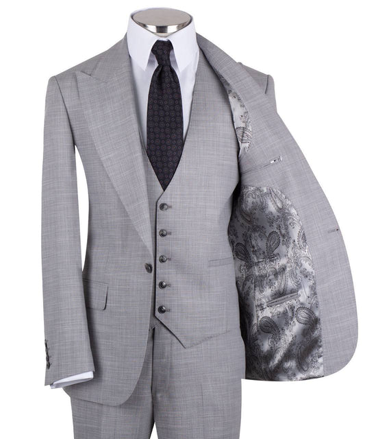 Light grey wool blend three-piece suit for men with jacket, vest, and trousers