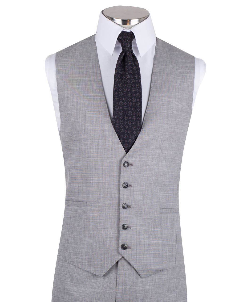 Light grey wool blend three-piece suit for men with jacket, vest, and trousers