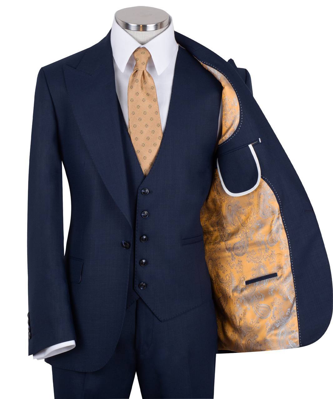 Navy blue wool blend three-piece suit for men with jacket, vest, and trousers