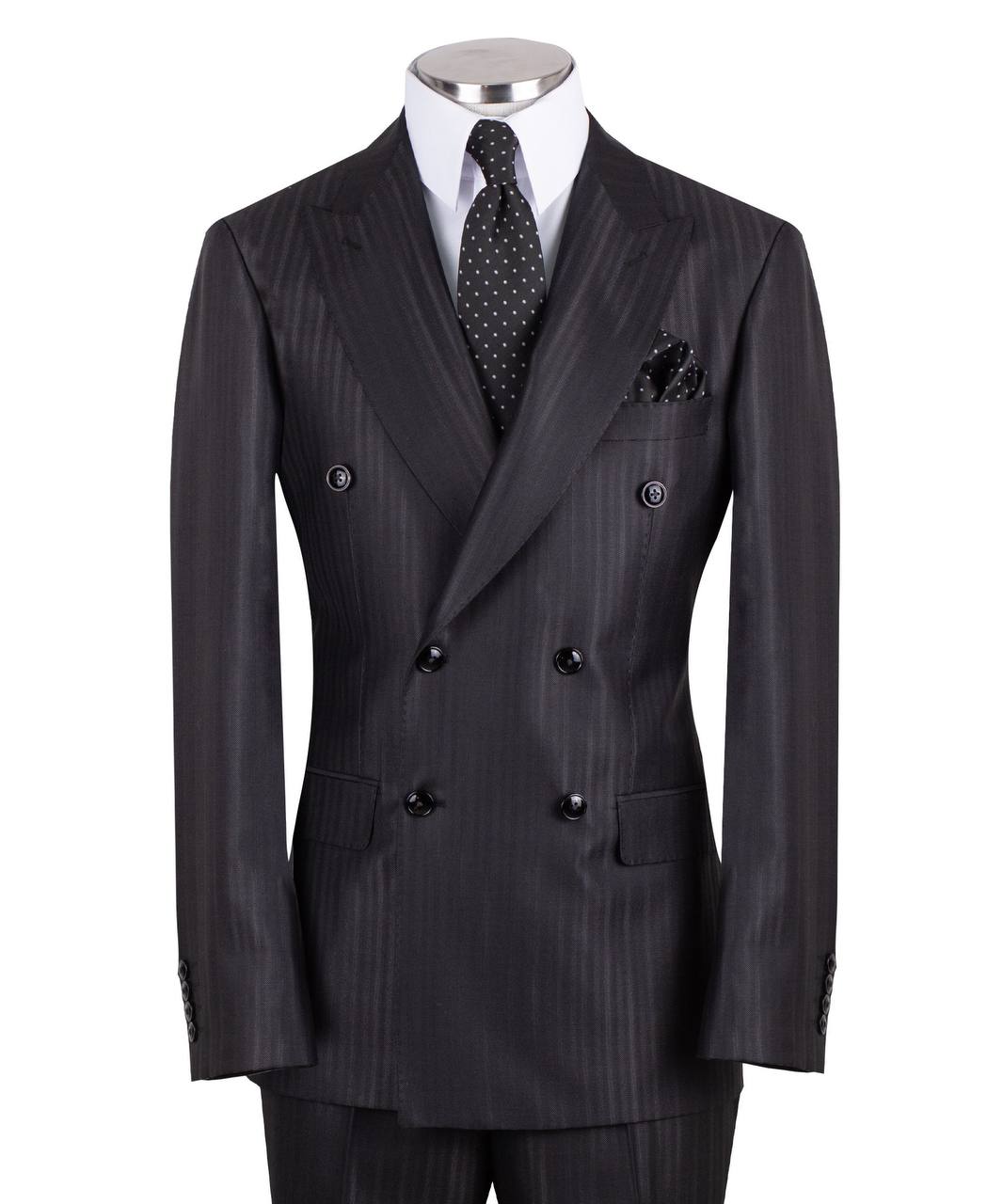 Charcoal grey wool pinstripe double-breasted suit for men with jacket and trousers