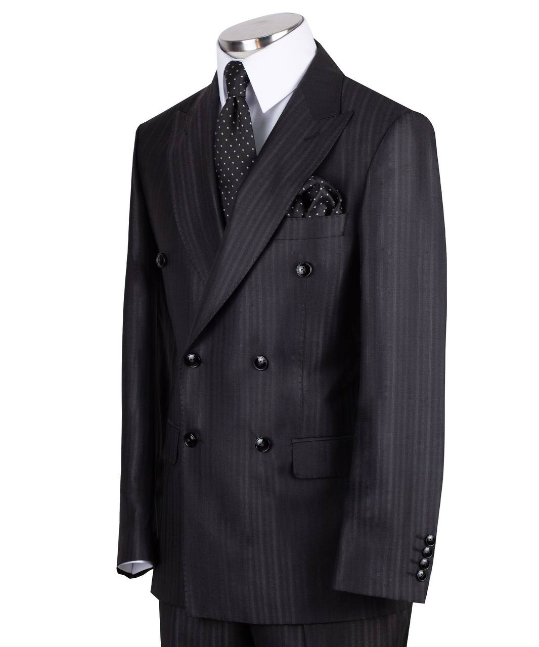 Charcoal grey wool pinstripe double-breasted suit for men with jacket and trousers