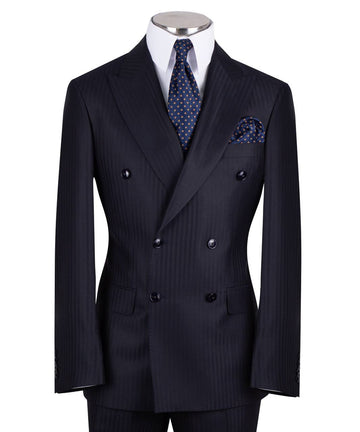 Dark navy blue wool pinstripe double-breasted suit for men with jacket and trousers
