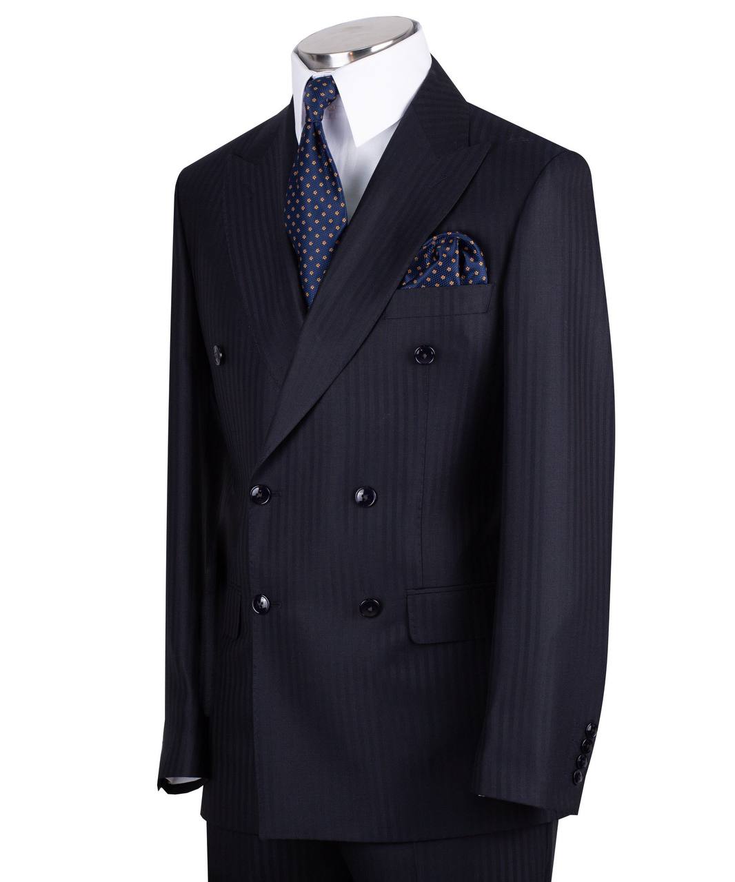Dark navy blue wool pinstripe double-breasted suit for men with jacket and trousers
