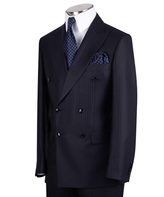 Dark navy blue wool pinstripe double-breasted suit for men with jacket and trousers