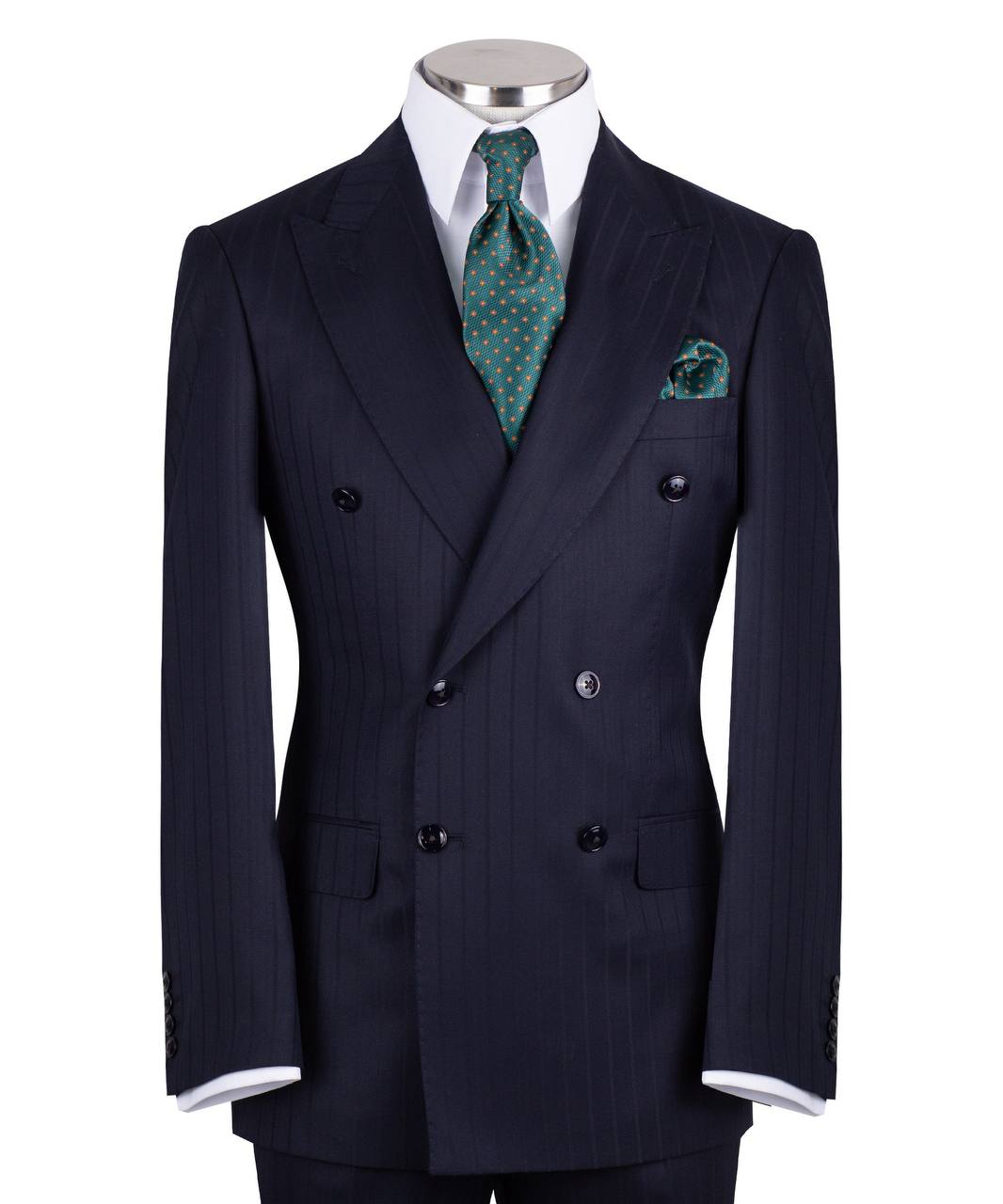 Navy blue wool pinstripe double-breasted suit for men with jacket and trousers