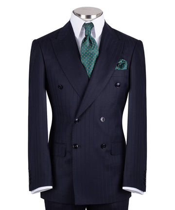 Navy blue wool pinstripe double-breasted suit for men with jacket and trousers