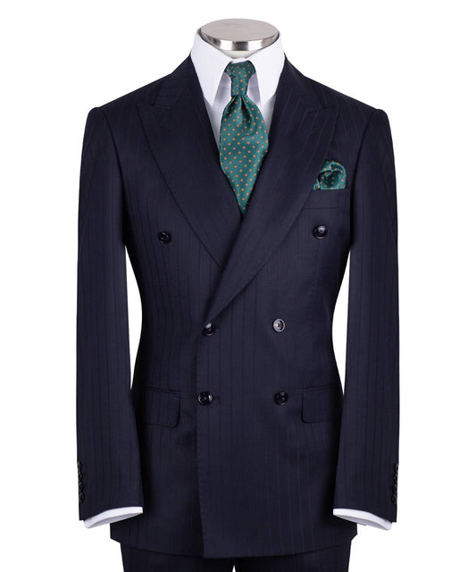 Navy blue wool pinstripe double-breasted suit for men with jacket and trousers