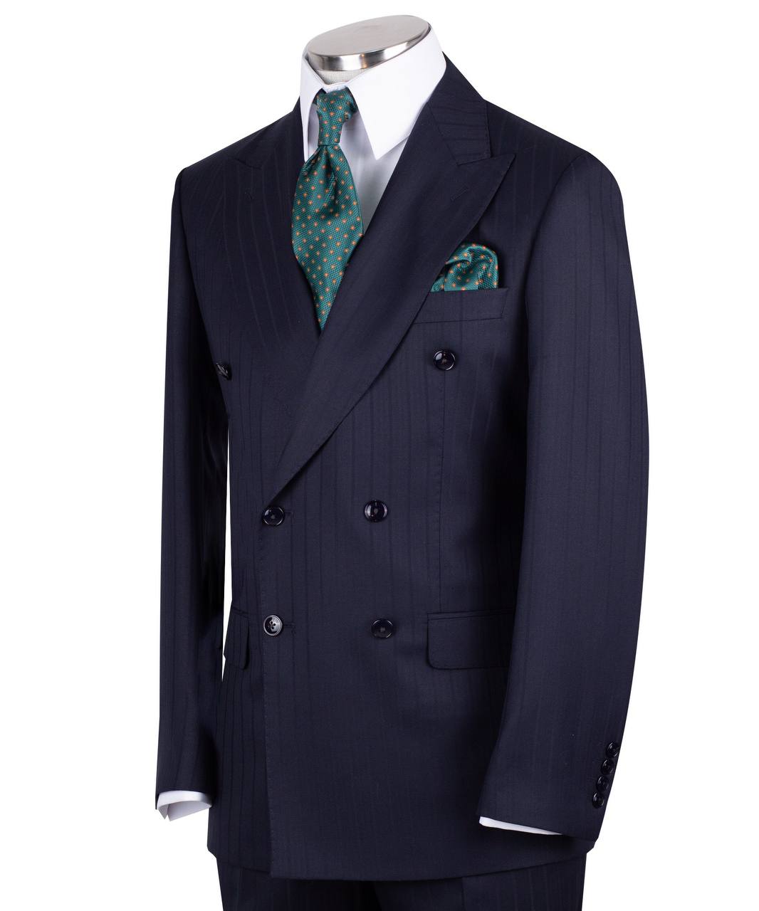 Navy blue wool pinstripe double-breasted suit for men with jacket and trousers