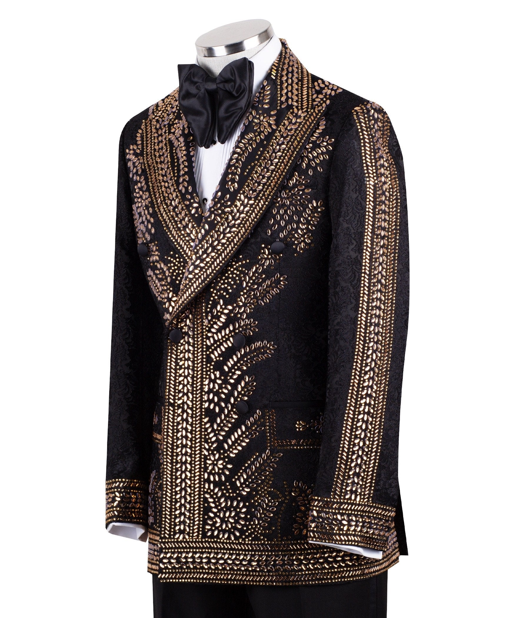 Front view of men's Gold Embellished Black Jacquard Double-Breasted Tuxedo by Charly Luxury, showcasing intricate hand-applied gold details on a black jacquard fabric.
