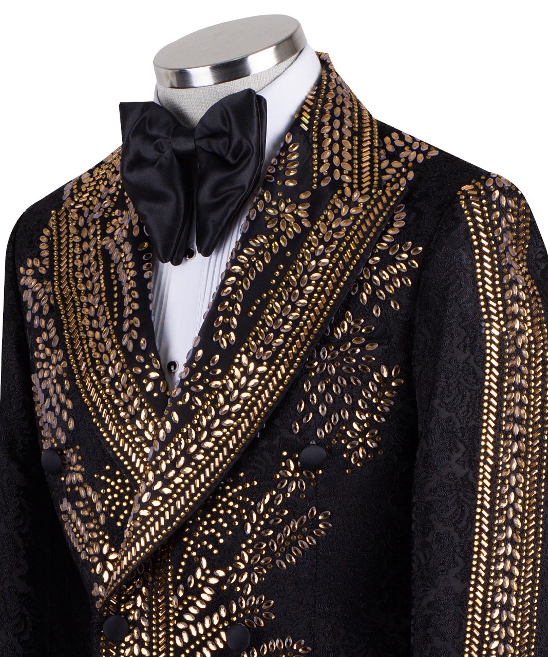 Front view of men's Gold Embellished Black Jacquard Double-Breasted Tuxedo by Charly Luxury, showcasing intricate hand-applied gold details on a black jacquard fabric.