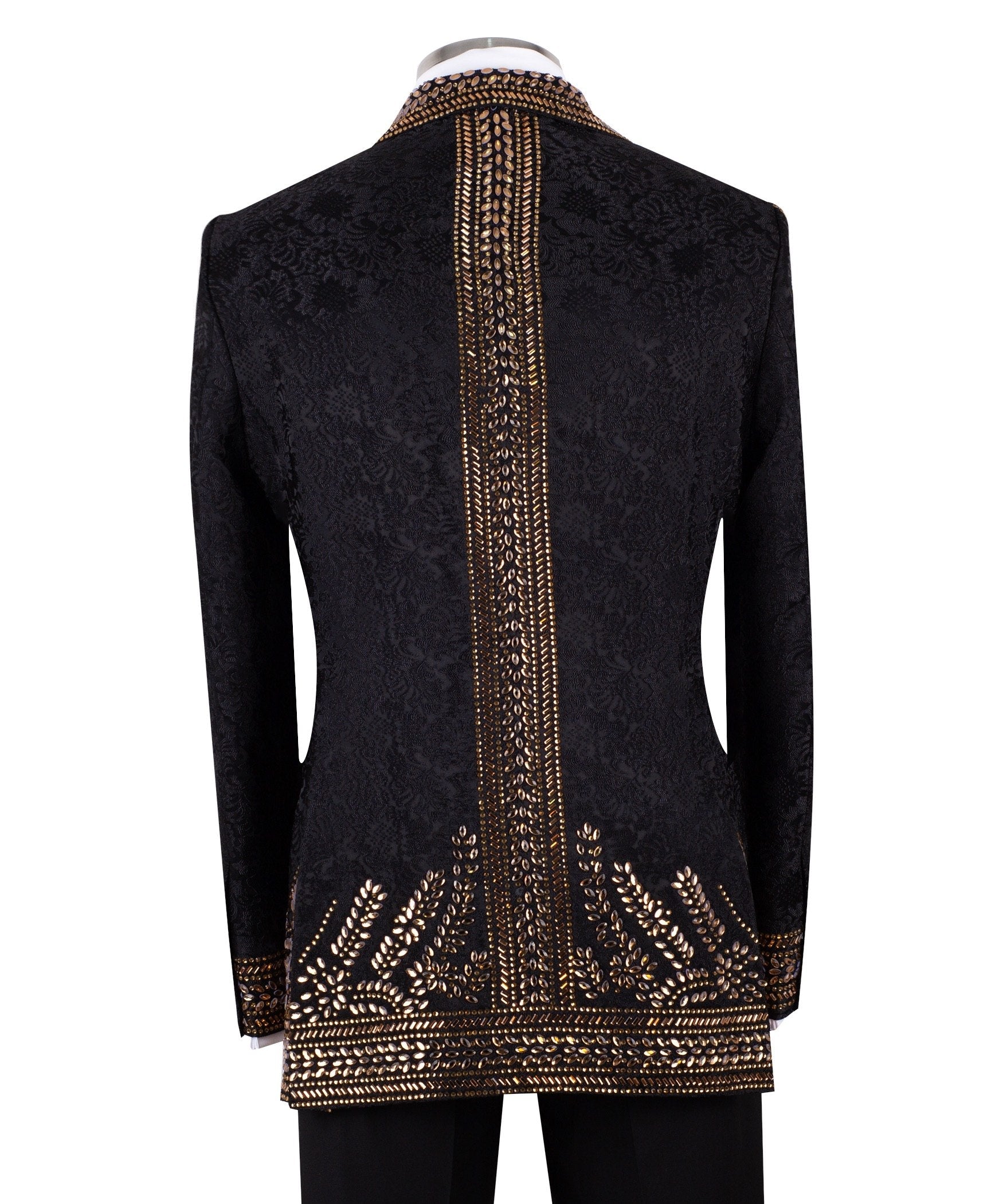 Front view of men's Gold Embellished Black Jacquard Double-Breasted Tuxedo by Charly Luxury, showcasing intricate hand-applied gold details on a black jacquard fabric.