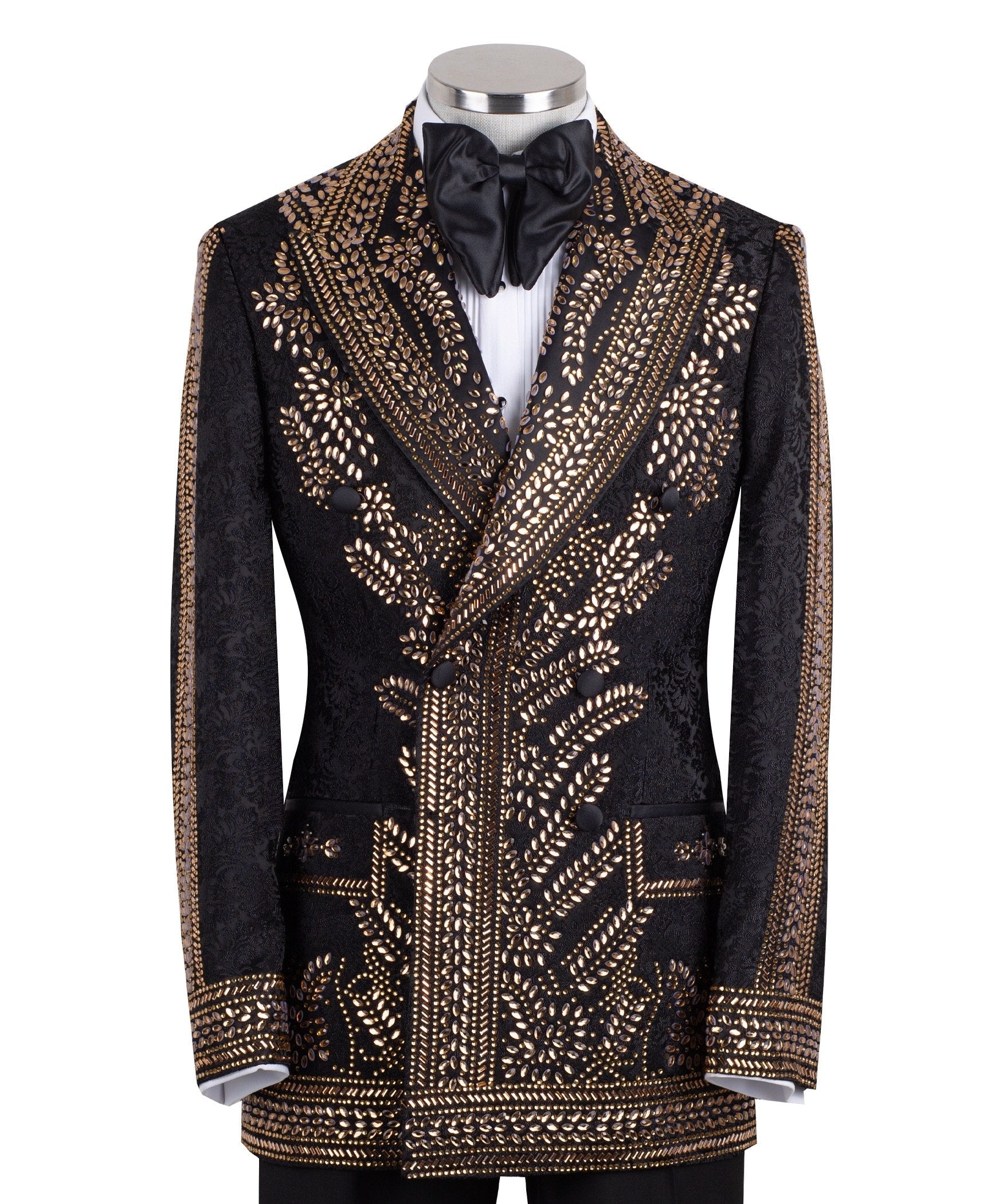 Front view of men's Gold Embellished Black Jacquard Double-Breasted Tuxedo by Charly Luxury, showcasing intricate hand-applied gold details on a black jacquard fabric.