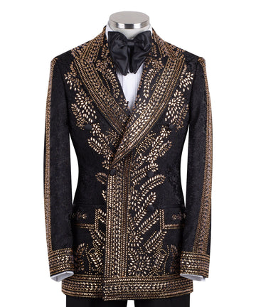 Front view of men's Gold Embellished Black Jacquard Double-Breasted Tuxedo by Charly Luxury, showcasing intricate hand-applied gold details on a black jacquard fabric.