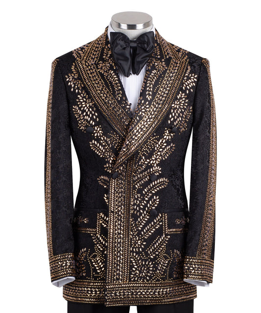 Front view of men's Gold Embellished Black Jacquard Double-Breasted Tuxedo by Charly Luxury, showcasing intricate hand-applied gold details on a black jacquard fabric.