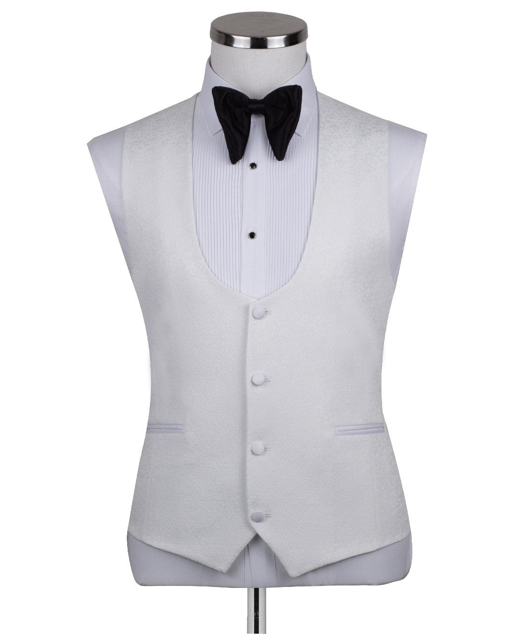 White hand-embellished jacquard three-piece tuxedo with crystal detailing on jacket and white satin shawl lapel. Master tailored in Istanbul for luxury events and weddings.