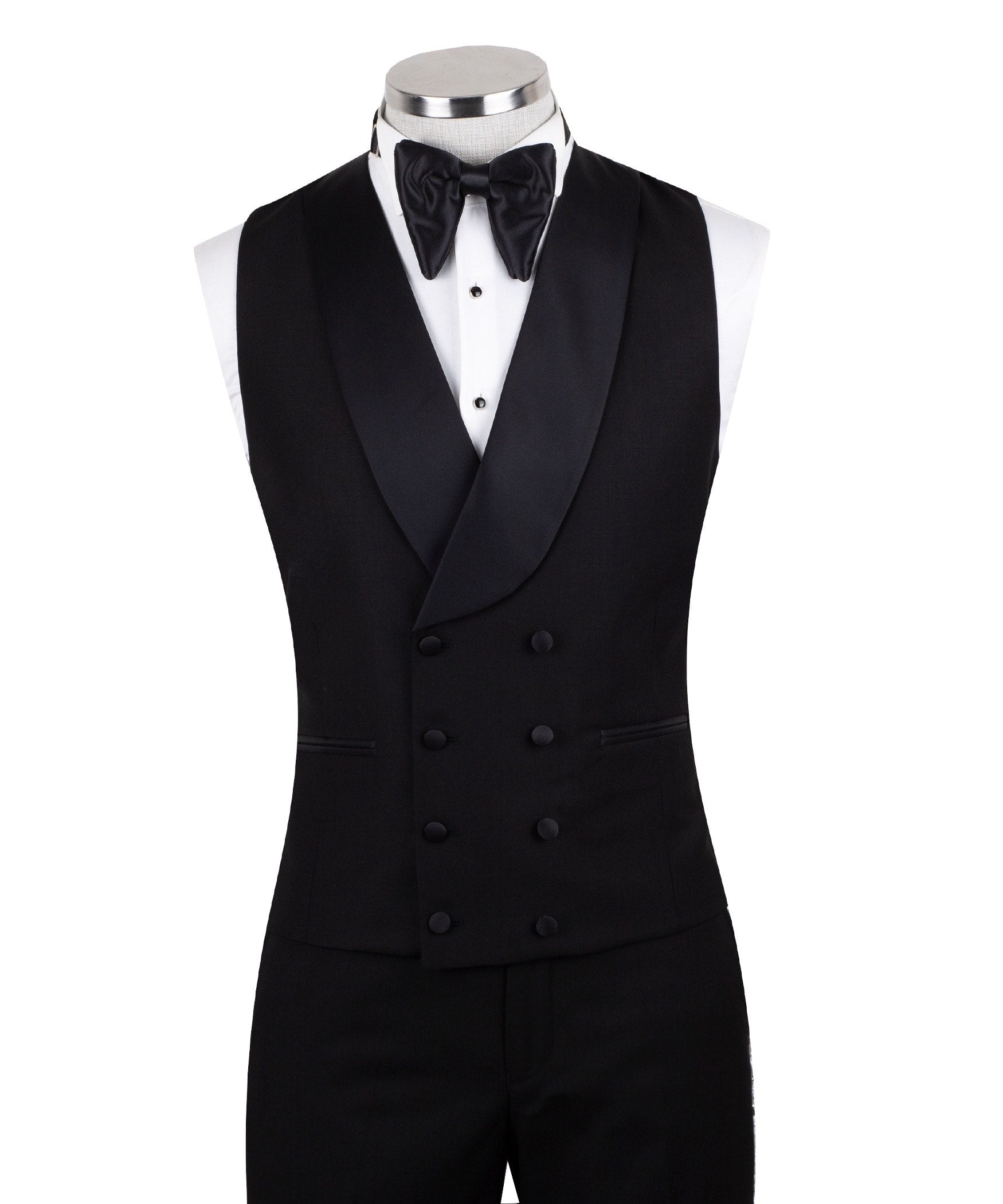 Full front view of a black three-piece tuxedo on a mannequin, featuring heavily hand-embellished shawl lapels with pearls and crystals, and a matching embellishment down the side of the trousers. Includes a black double-breasted vest and a white shirt with a black bow tie (not included).