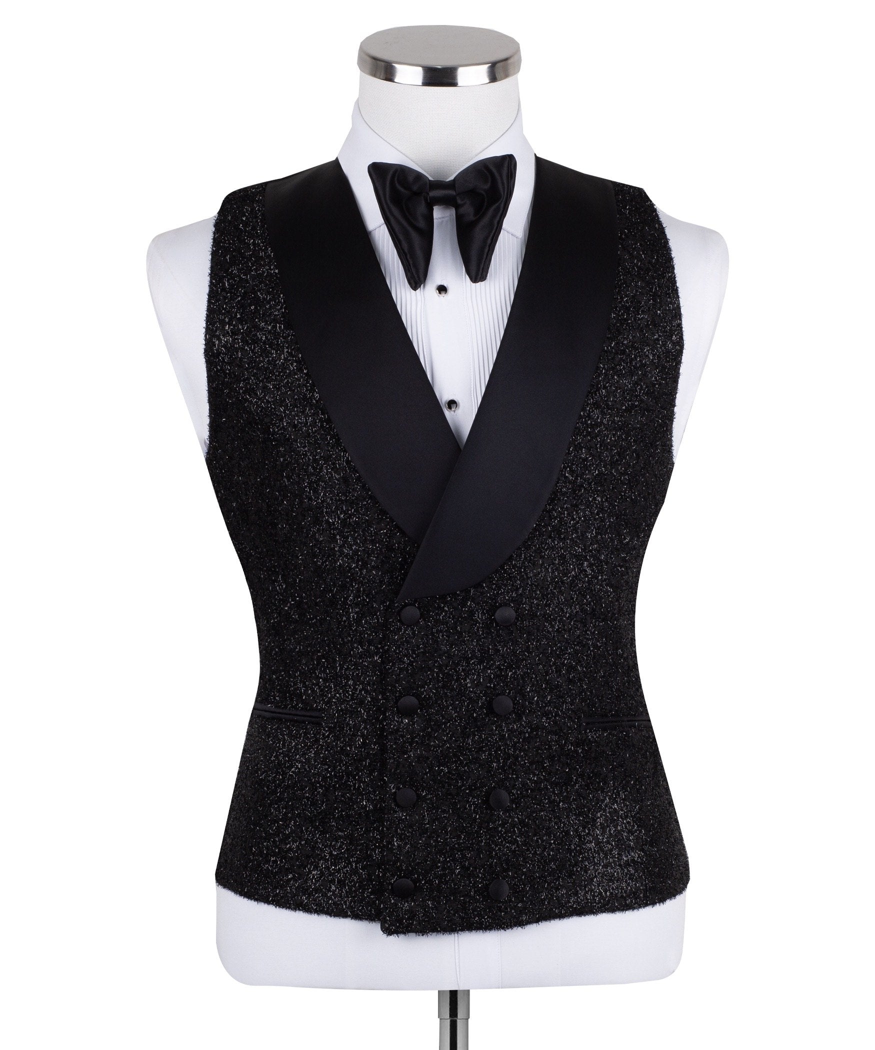 Front view of a black hand-embellished three-piece tuxedo by Charly Luxury, featuring a single-breasted jacket with satin shawl lapels and a double-breasted vest, showcased on a mannequin.