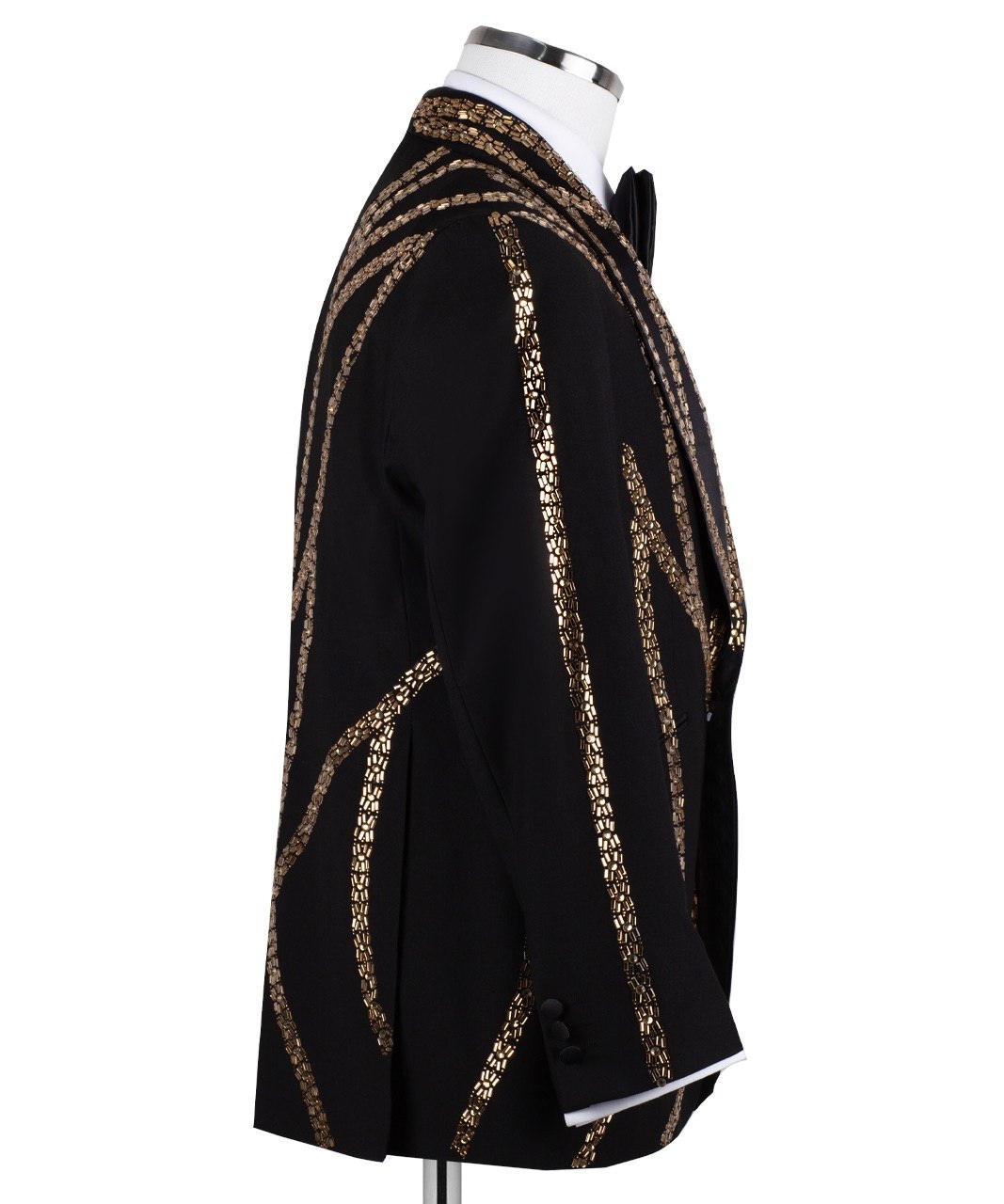 Charly Luxury Black Tuxedo Jacket with Gold Bead Embellishments, Shawl Lapel and matching vest. Handcrafted in Istanbul. Front, back, and side views showing intricate detail.
