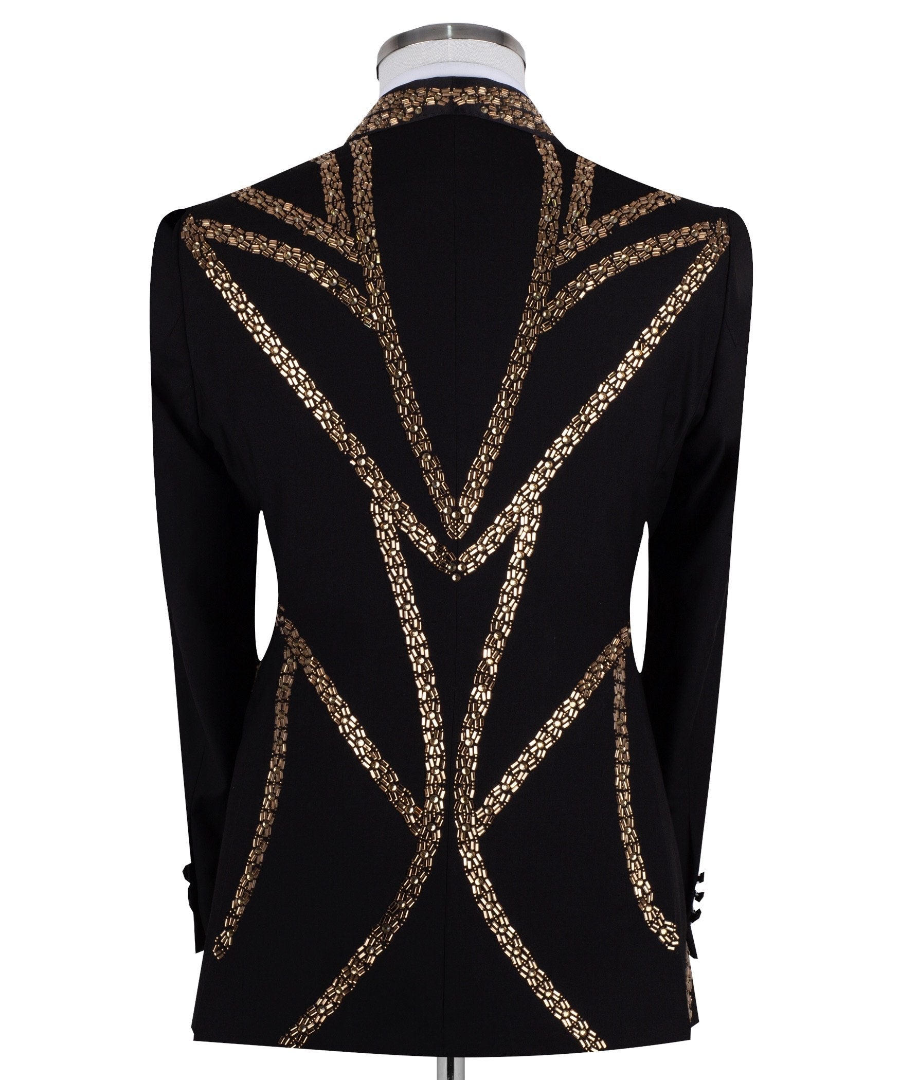 Charly Luxury Black Tuxedo Jacket with Gold Bead Embellishments, Shawl Lapel and matching vest. Handcrafted in Istanbul. Front, back, and side views showing intricate detail.