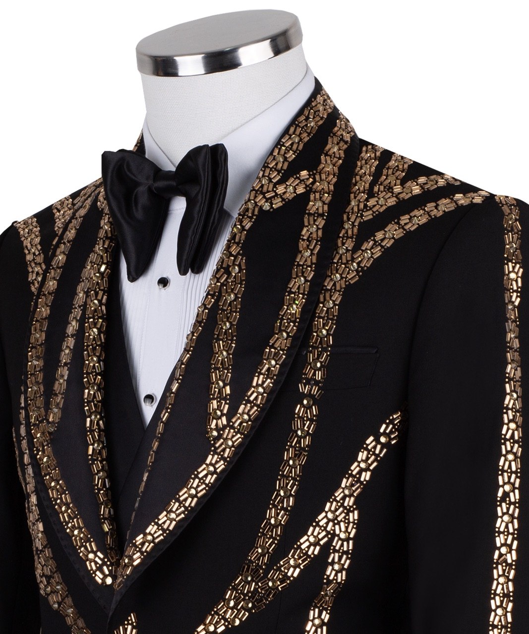 Charly Luxury Black Tuxedo Jacket with Gold Bead Embellishments, Shawl Lapel and matching vest. Handcrafted in Istanbul. Front, back, and side views showing intricate detail.
