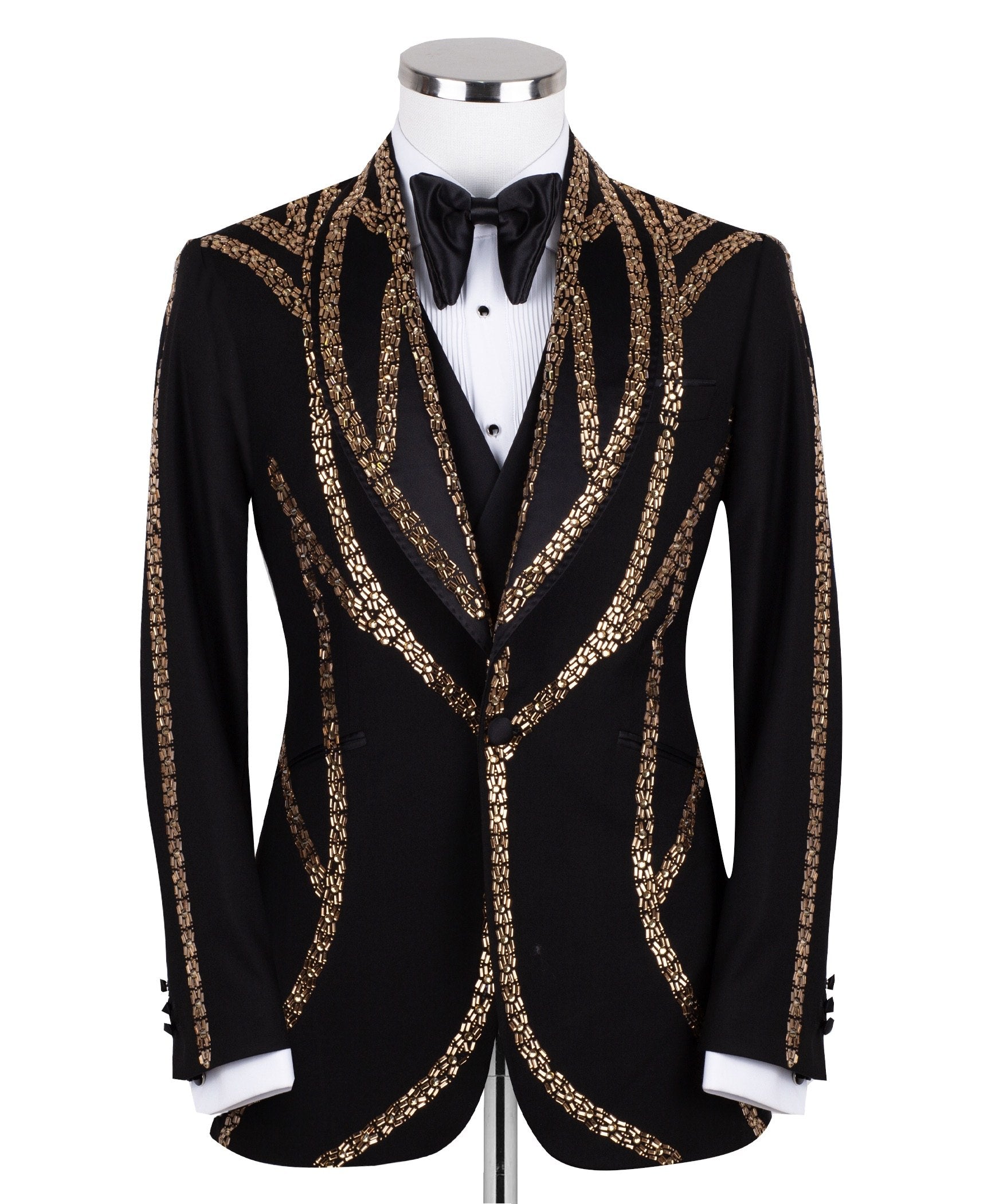 Charly Luxury Black Tuxedo Jacket with Gold Bead Embellishments, Shawl Lapel and matching vest. Handcrafted in Istanbul. Front, back, and side views showing intricate detail.