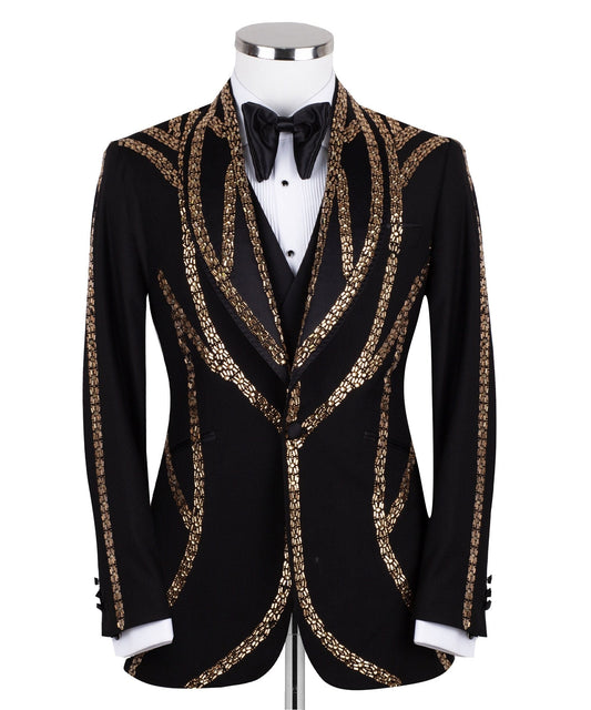 Charly Luxury Black Tuxedo Jacket with Gold Bead Embellishments, Shawl Lapel and matching vest. Handcrafted in Istanbul. Front, back, and side views showing intricate detail.
